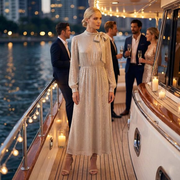 Elegant Champagne Sequin Midi Dress Long Sleeve Premium Style - Picture 1 of 13